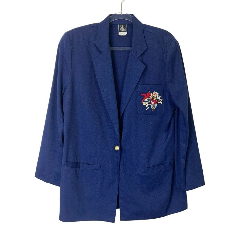Vintage Ali Miles Blazer Jacket Womens Size 10 Navy Gold Button Crest Preppy‎